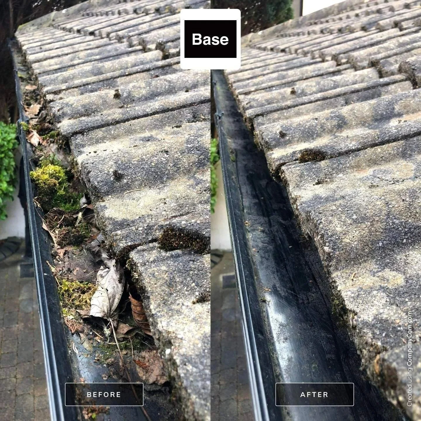 Before and after gutter cleaning in Dublin, showing leaves, moss and debris cleared from the gutter.
