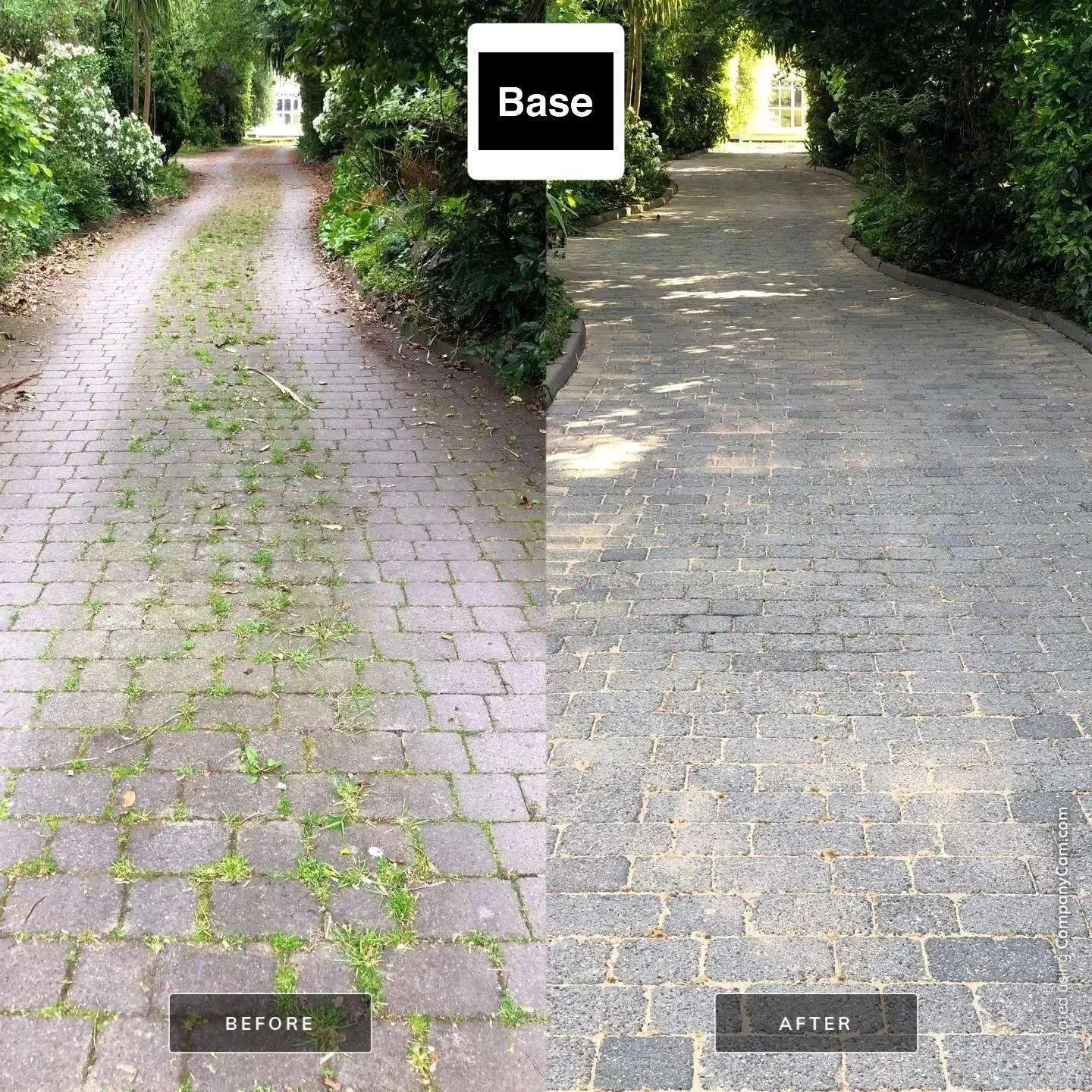 Before and after power washing of a weed-covered block-paved driveway in Dublin.