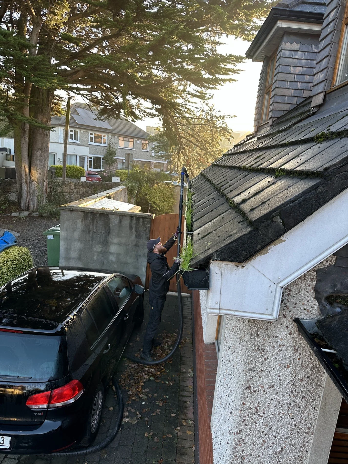 Professional gutter-vac cleaning vegetation from a difficult-access gutter on a Dublin property.