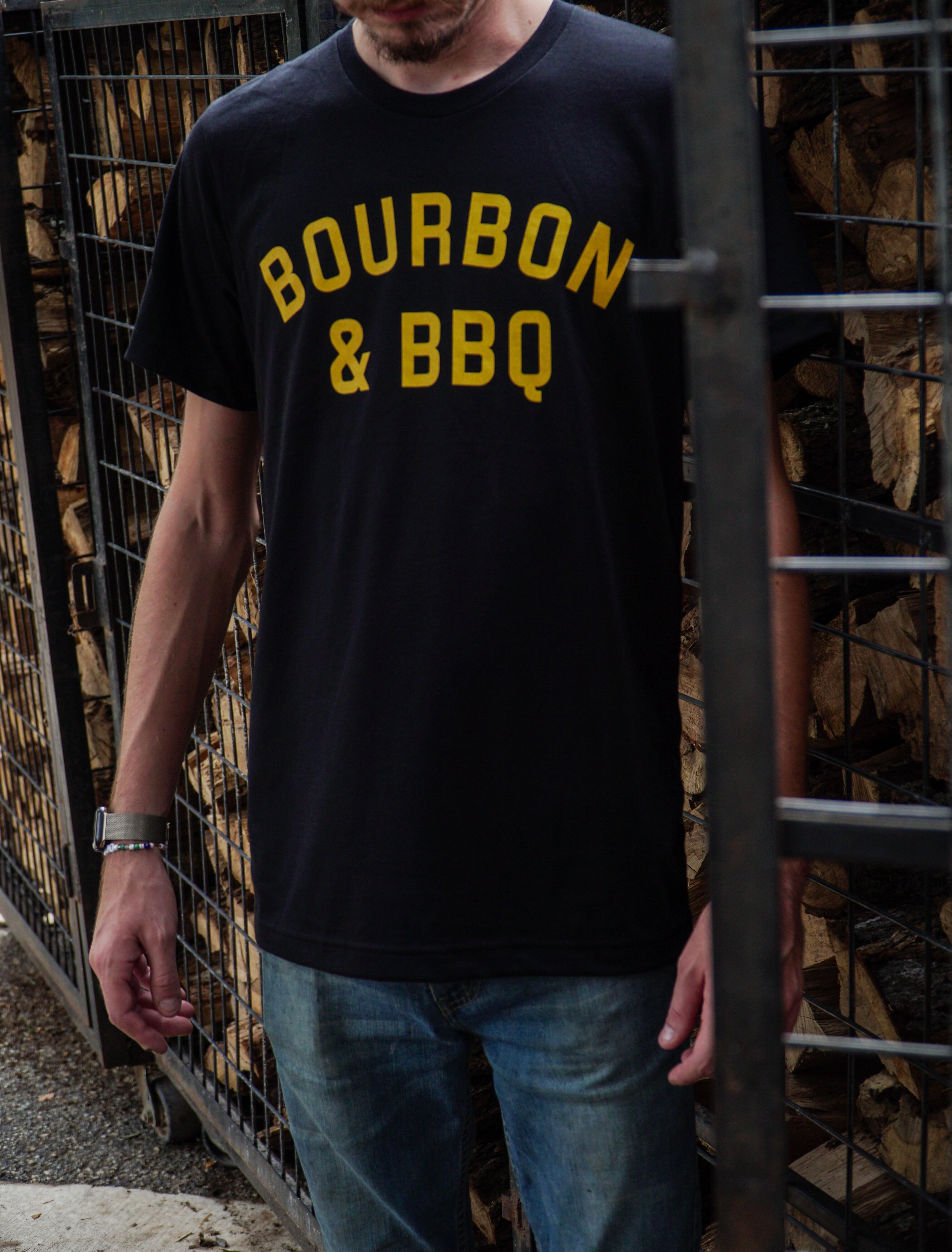 black and gold bourbon and bbq t-shirt