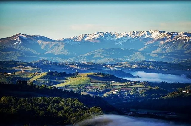 We never tire of the views from our house and garden particularly when the day is clear and the views include the Alps.  At this time of year the zig zag lines of melting ski runs are still just discernible on the mountain slopes. #italy #alps #piemo