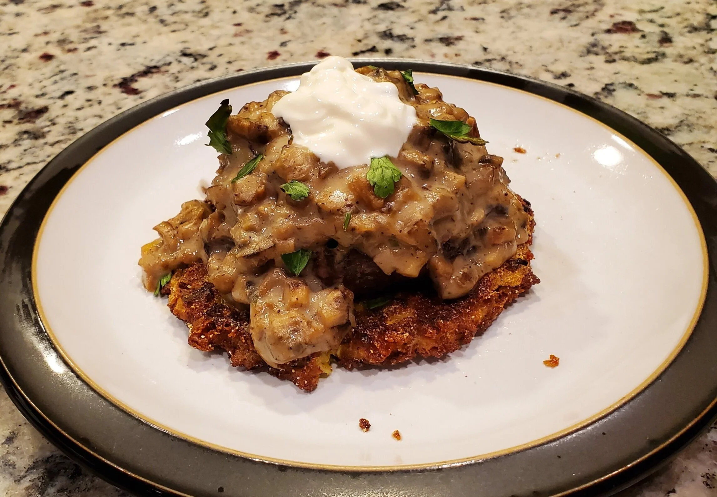 Ground Elk Burger with Mushroom Gravy on a Squash Hash