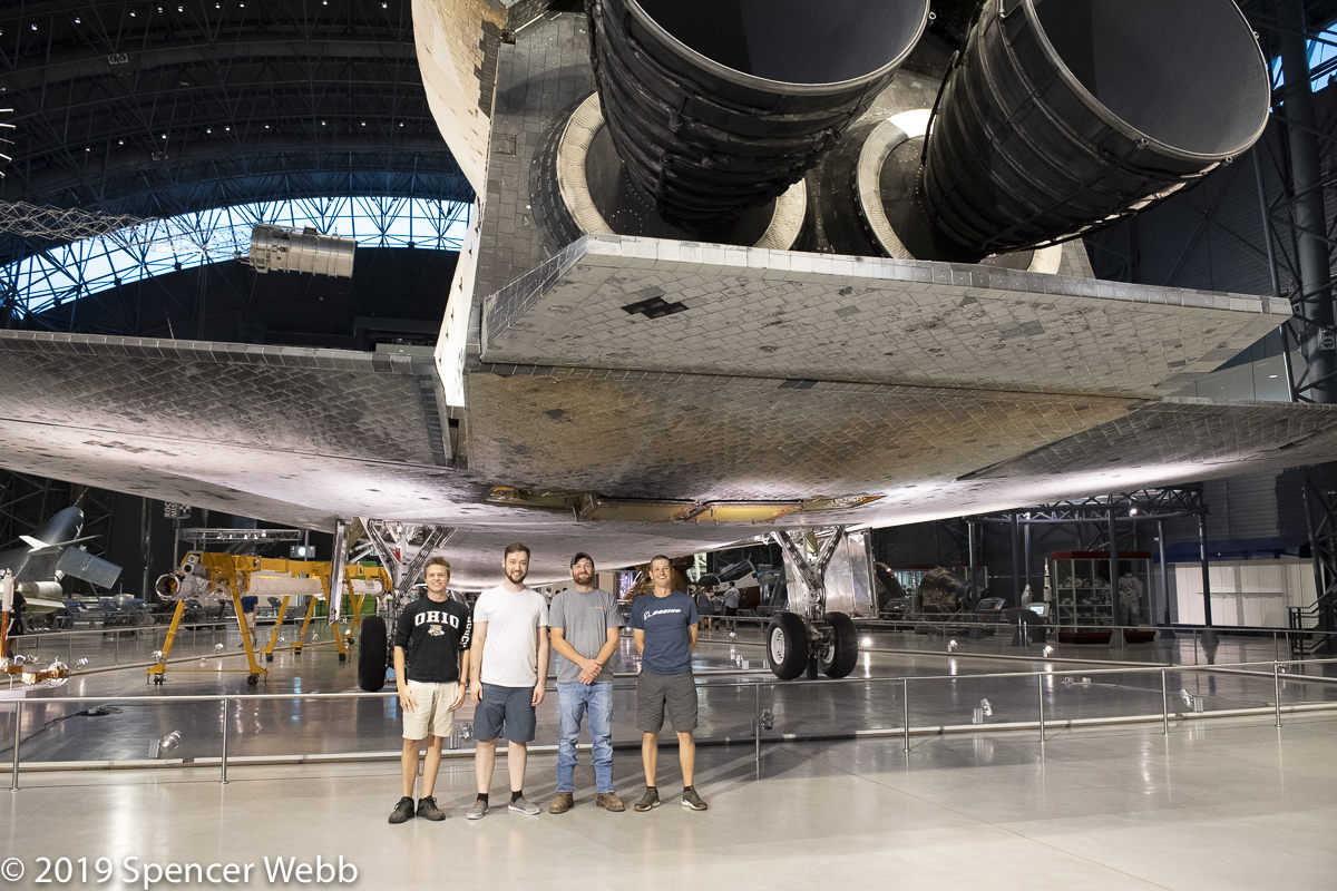 The Saunders Machine Works team under the business end of Space Shuttle Discovery at the Udvar-Hazy Center, NASM.