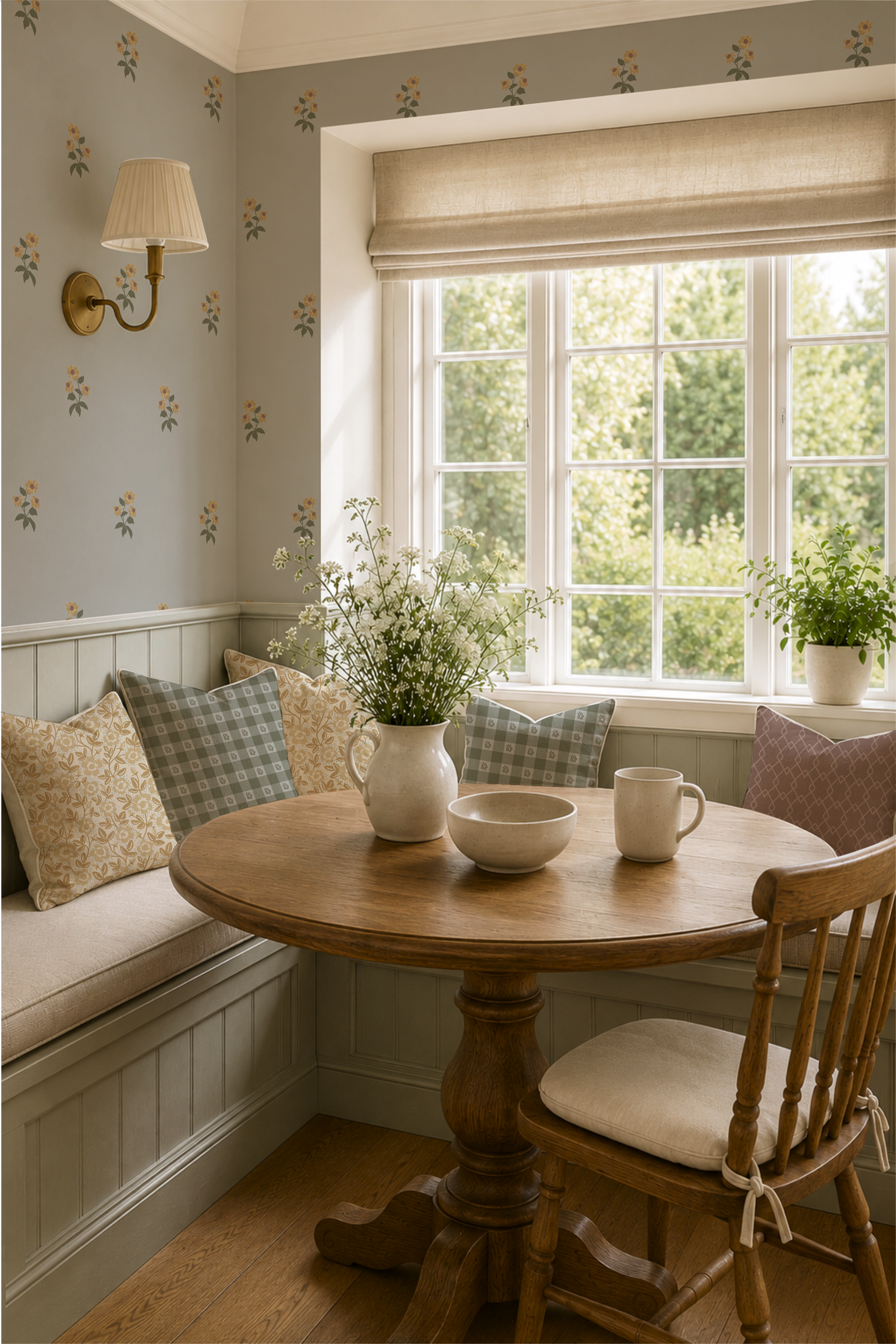 Small floral wallpaper and coordinating patterned cushions in a warm cottage breakfast nook