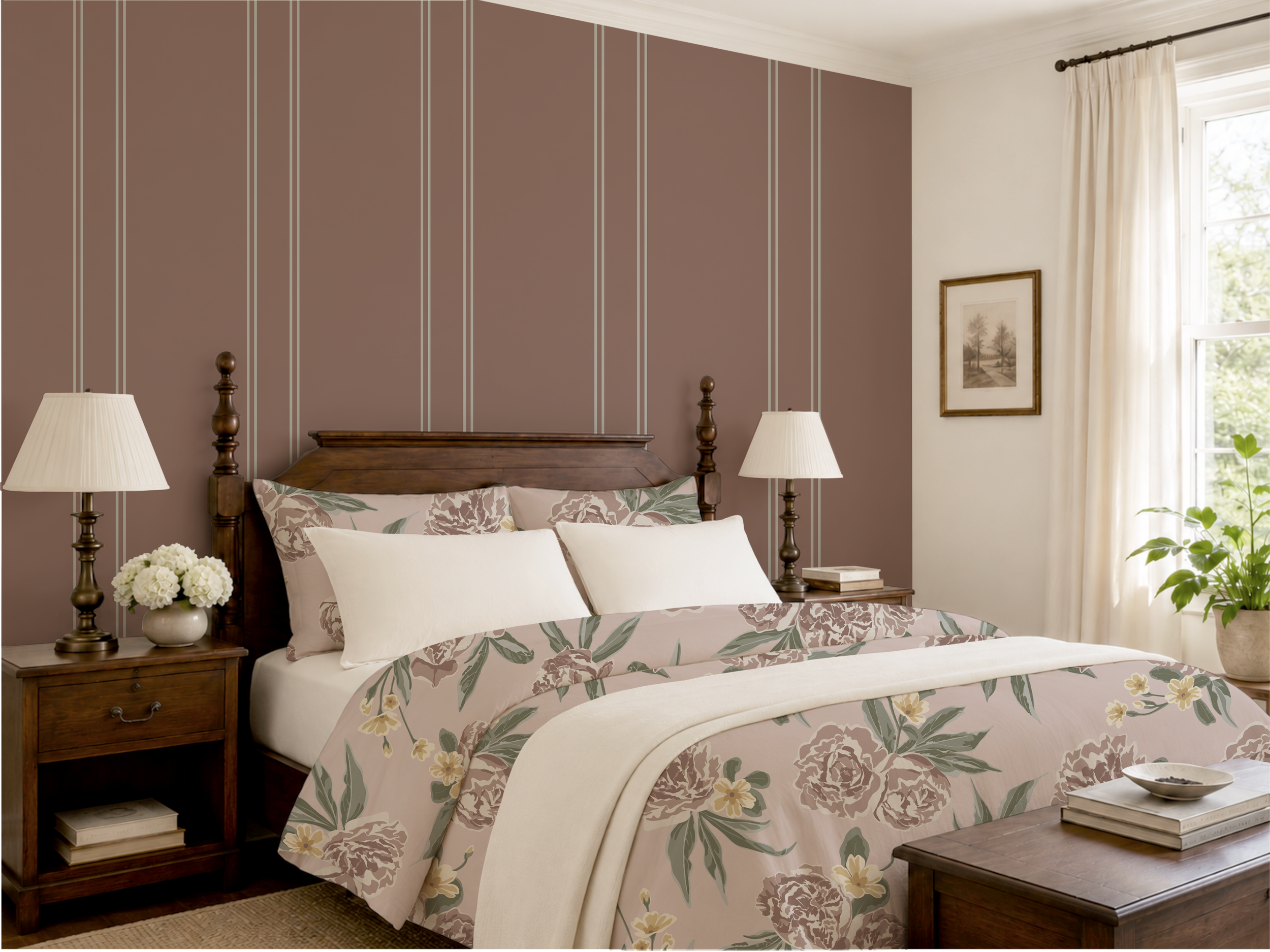 Romantic cottage bedroom featuring Peony Pathways floral duvet from the Heirloom Bloom collection by rePaperedShop.