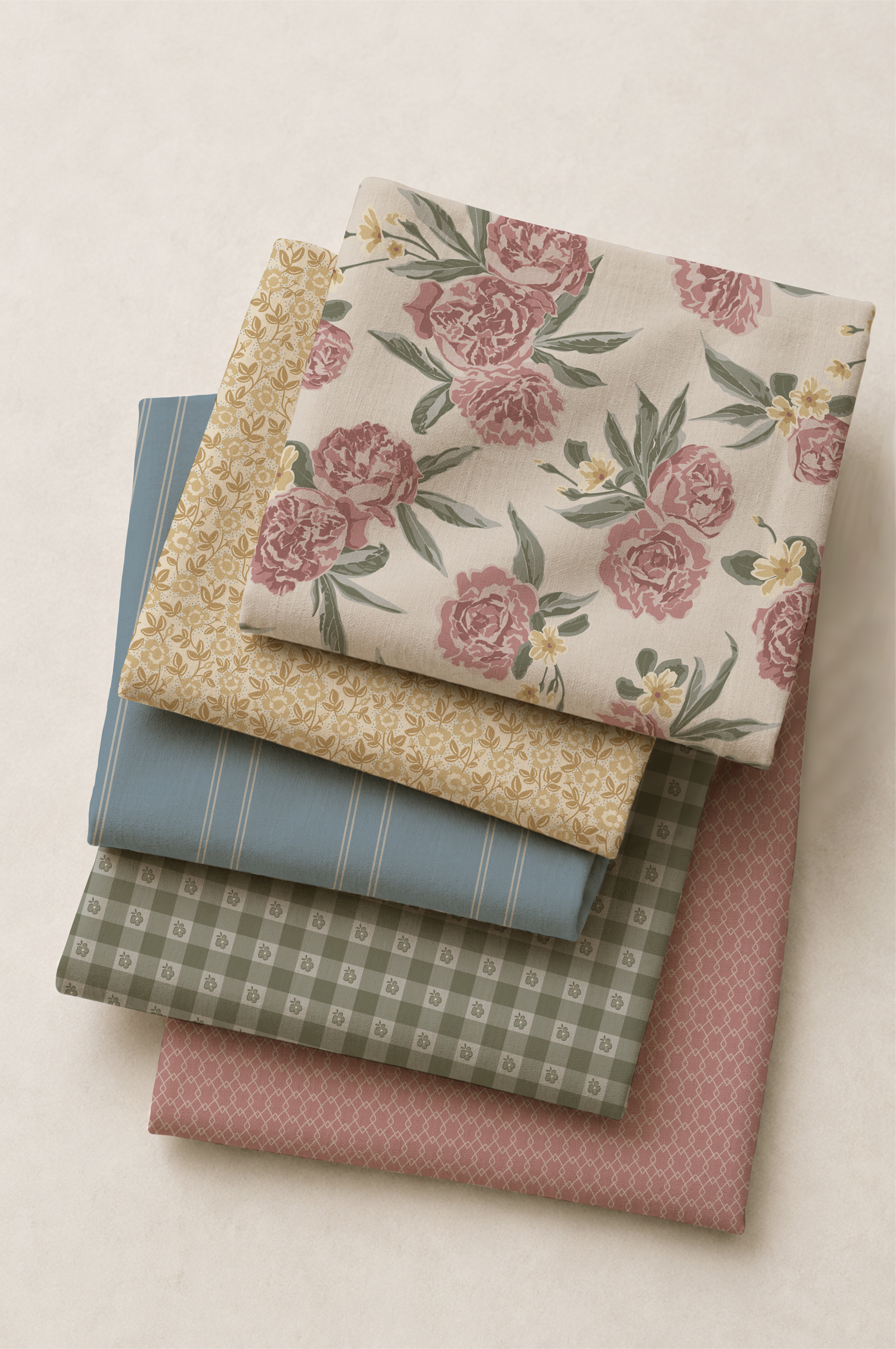 Coordinating floral, stripe, gingham and small prints in the Heirloom Bloom pattern collection
