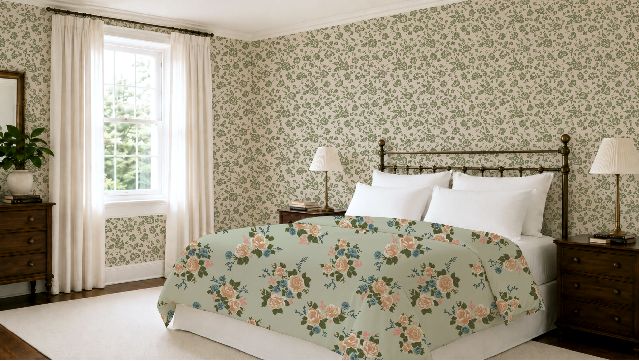 English cottage bedroom featuring Garden Brocade wallpaper and Where Roses Gather floral duvet from the Where Roses Live collection by rePaperedShop.