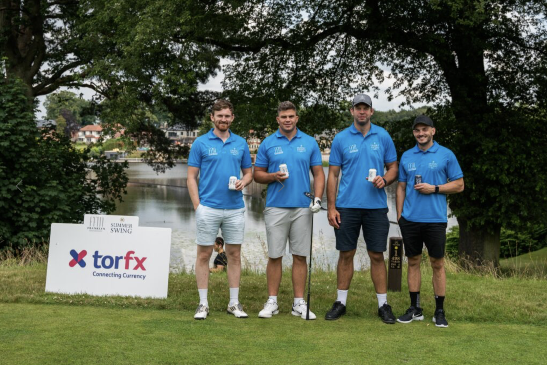  Sale Sharks players, Simon Hammersley, Jono Ross, Josh Beaumont and Will Cliff, sporting their FFM Swanky Swing golf shirts whilst enjoying a can Bach95, the beer of choice for the day of the event which was co-founded by Will himself 