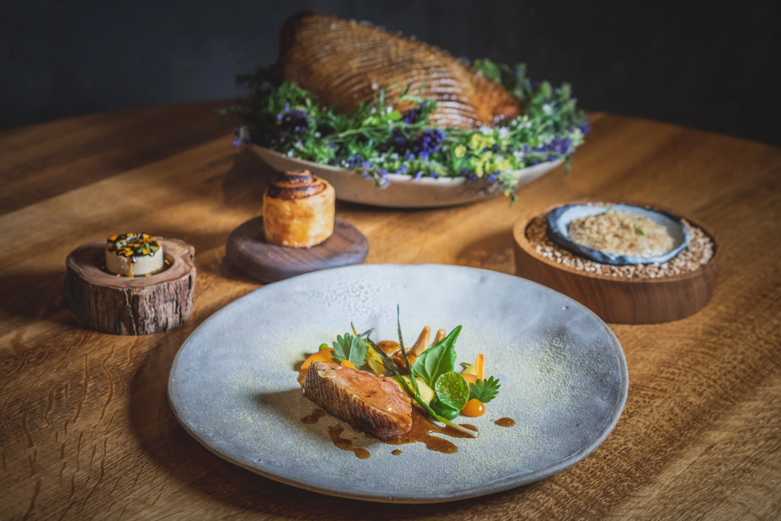 Moor Hall_Honey roast Sladesdown duck, with girolle, sweetcorn and beans. Served with ragout and whey onion, liver and truffle, and onion & thyme roll_Credit_ Moor Hall_.jpg