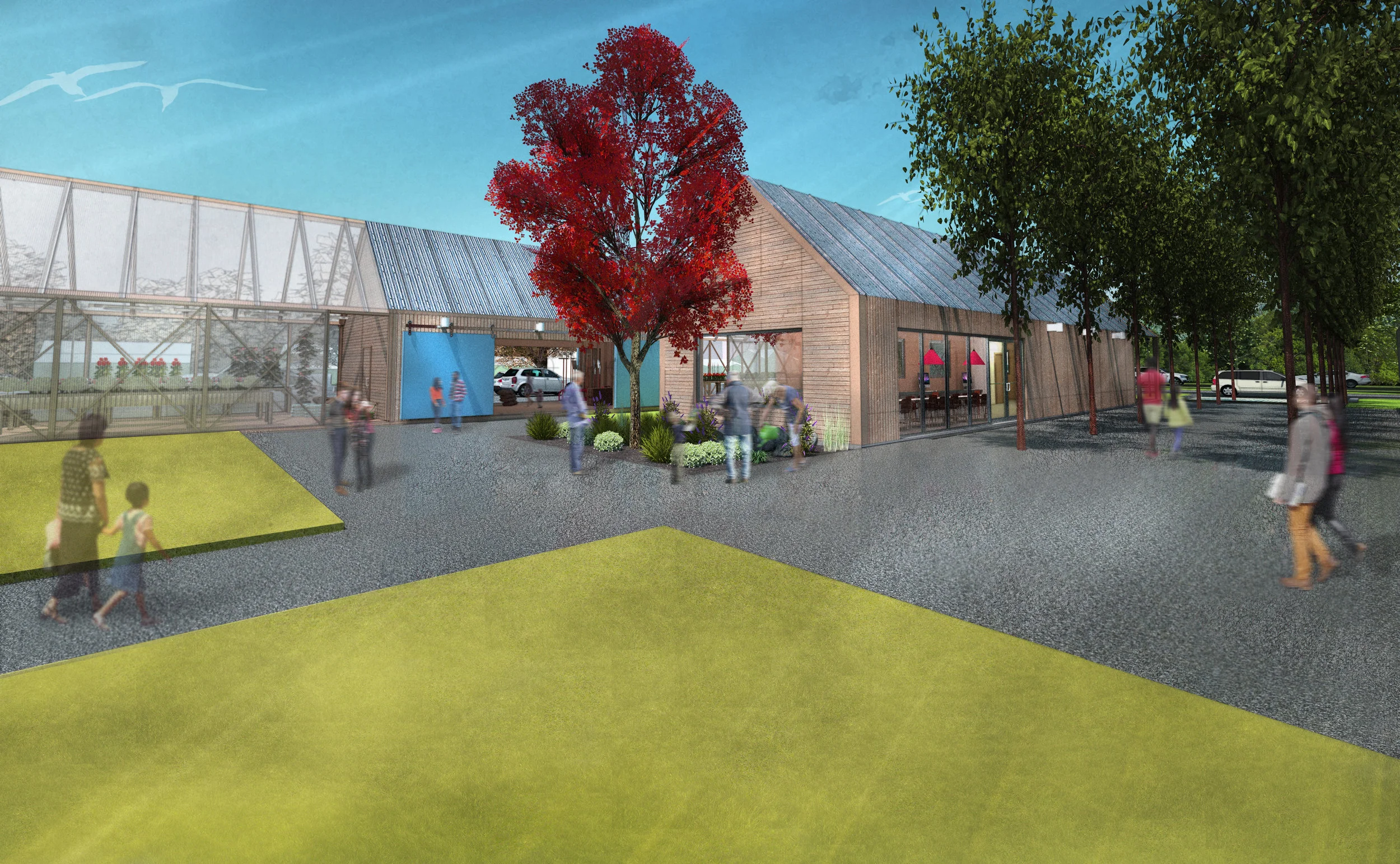 A view of the Seedling Greenhouse (left), Learning Center (center), Allee of trees (right)