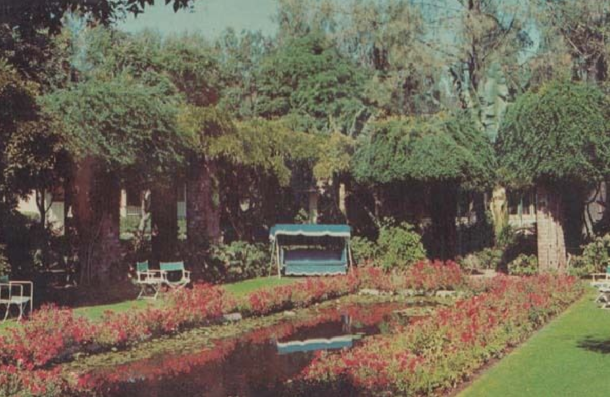 1960s postcard from the Old Mission Hotel Gardens in Santa Barbara.