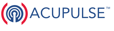 ACUPULSE logo featuring a radio signal symbol in red and blue