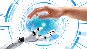 A human hand reaching toward a robotic hand against a digital abstract background.