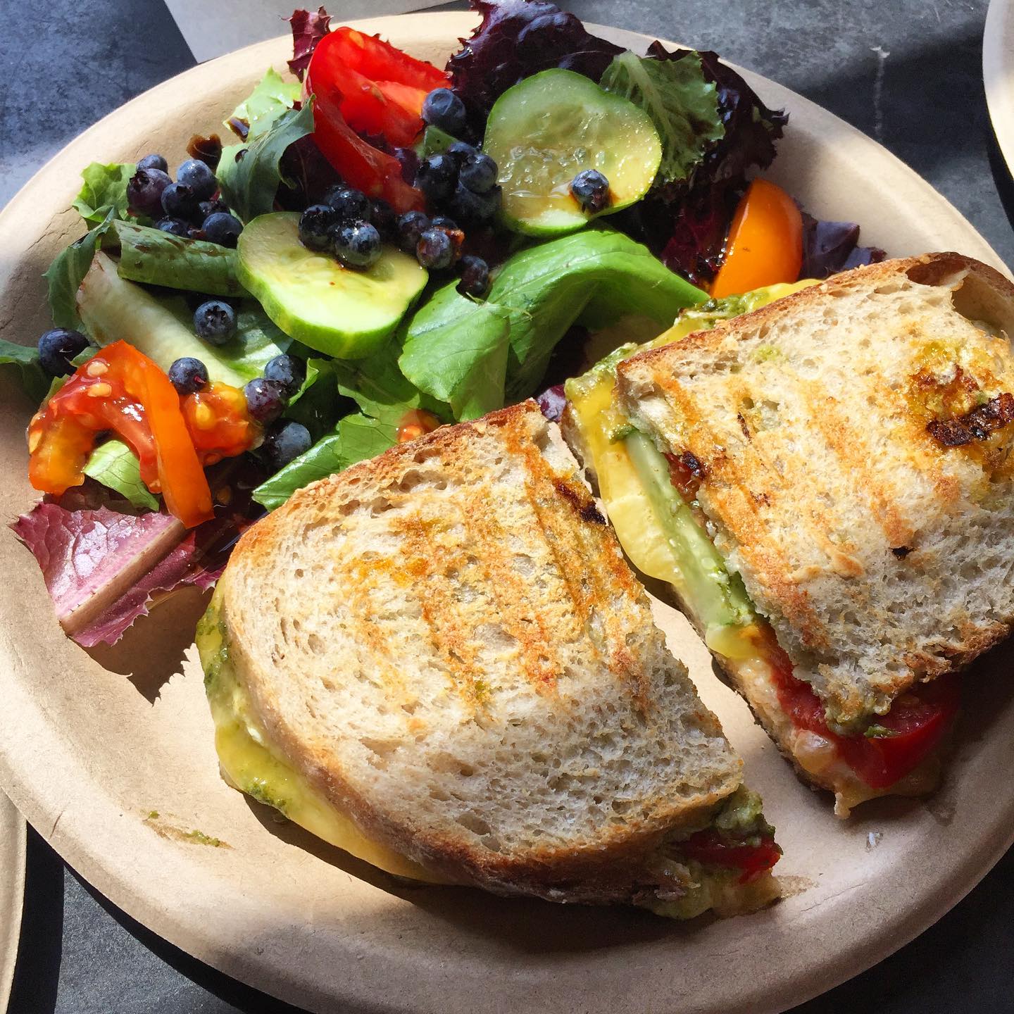 This is our grilled cheese panini made with Back 40 Bakehouse bread and @balfourfarm cheese. Add fresh veggies for no added charge!