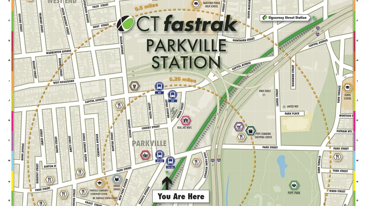 CTfastrak Parkville Station wayfinding map with walking radius rings and local business icons, designed by the CCSU Central Design team