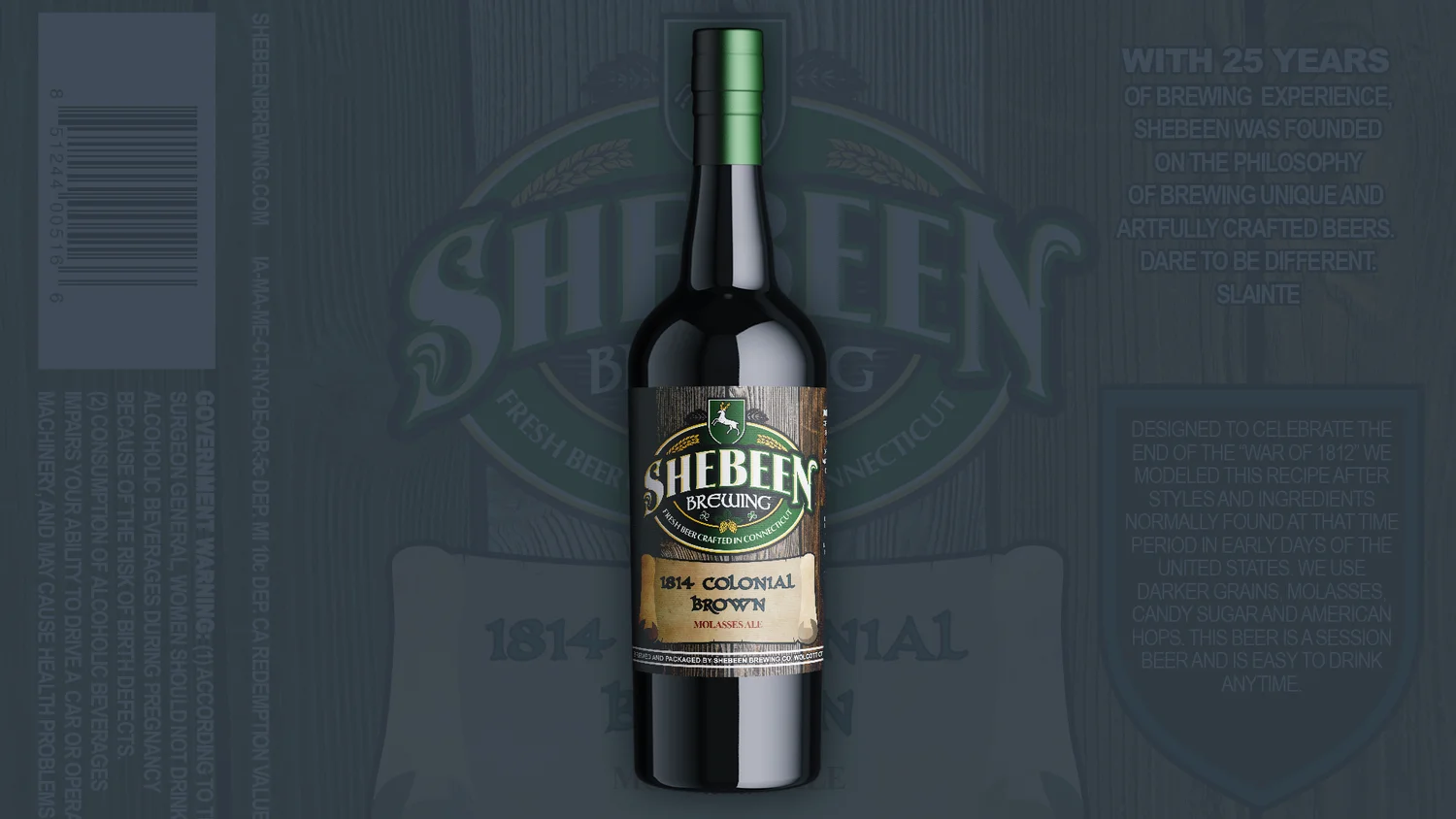 Shebeen bomber bottle in front of its full flat label