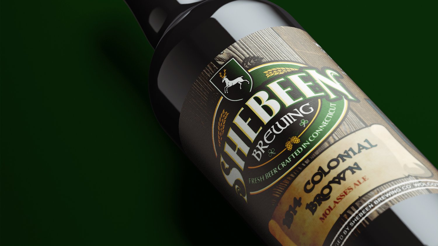 Close angled view of the Shebeen crest and scroll on a dark green background