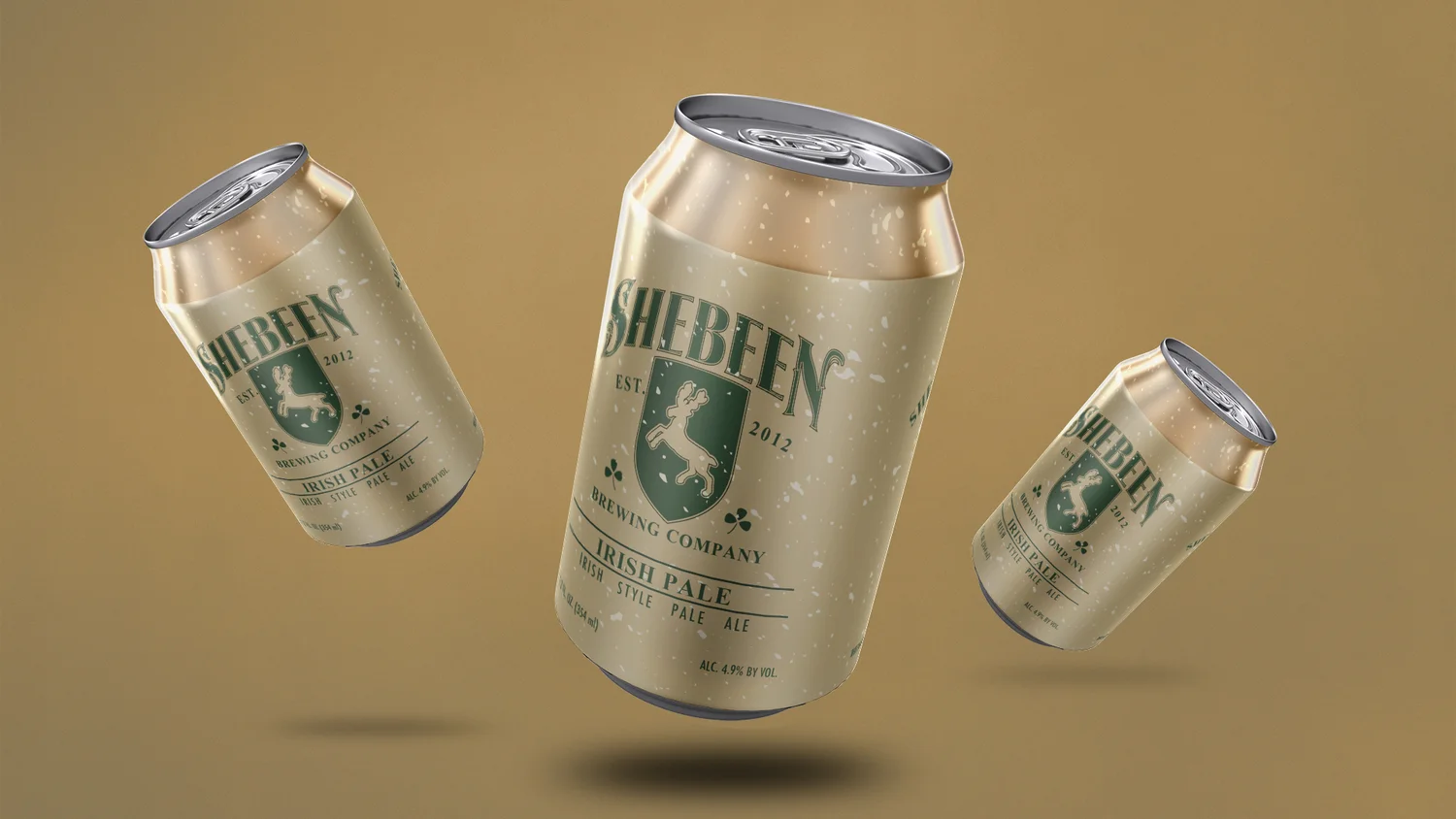 Three Irish Pale Ale cans floating over a tan background