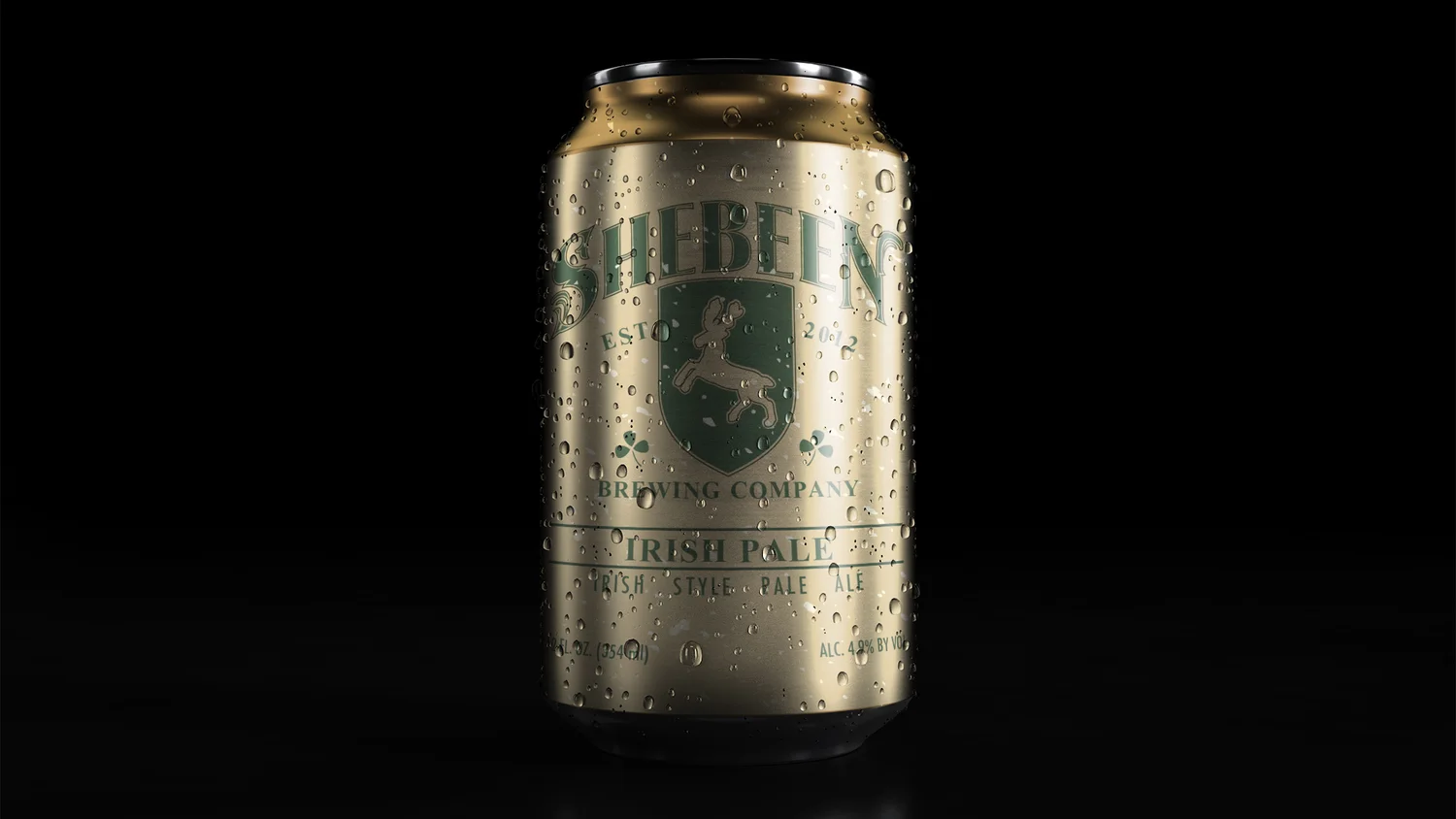 Single Irish Pale Ale can with condensation on a black background