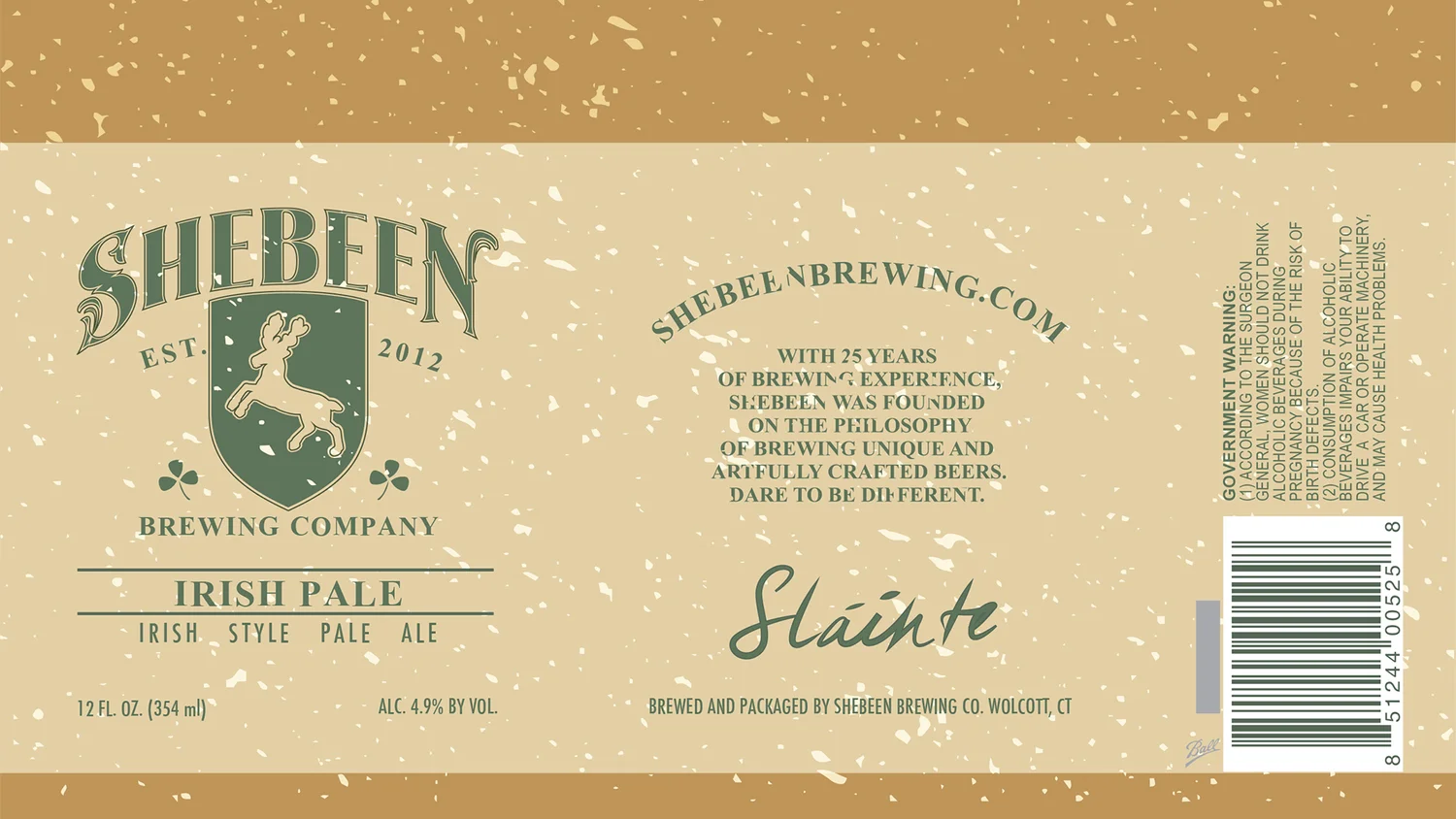 Flat Irish Pale Ale can wrap with the green Shebeen crest on a speckled tan ground