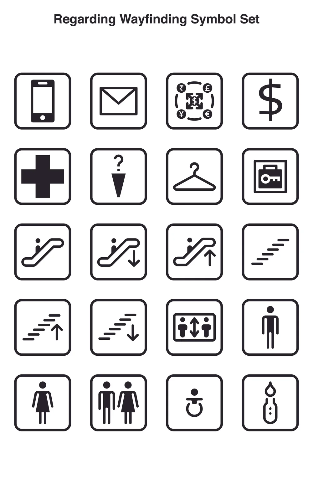 Symbol set poster one: phone, mail, currency exchange, escalators, elevator and restrooms