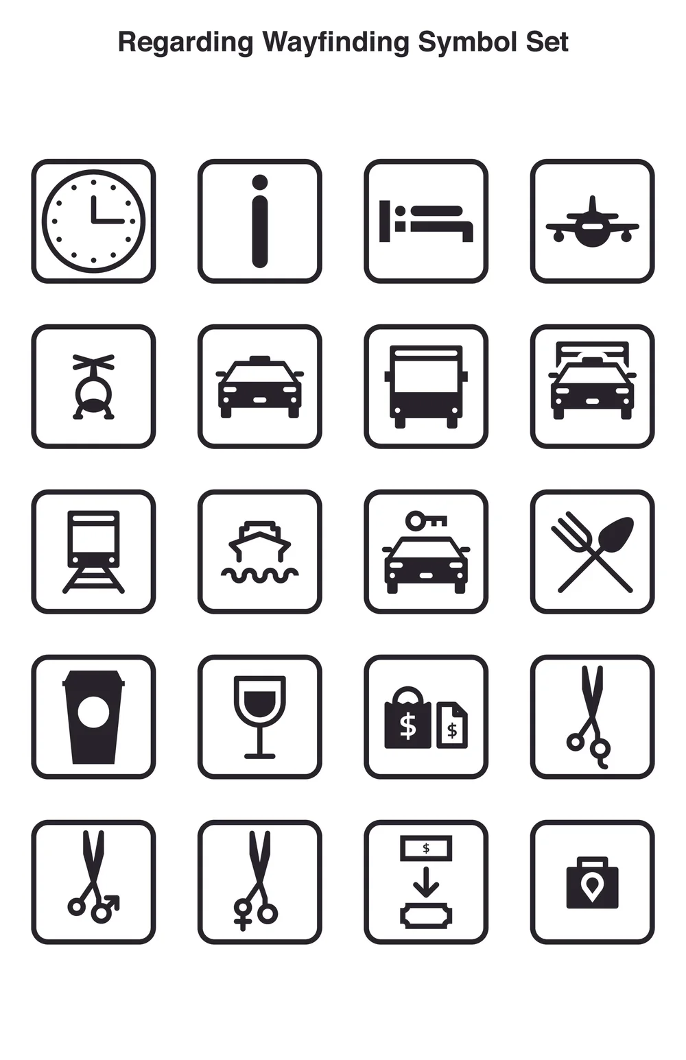 Symbol set poster two: information, departures, taxi, bus, rail, car rental and restaurant