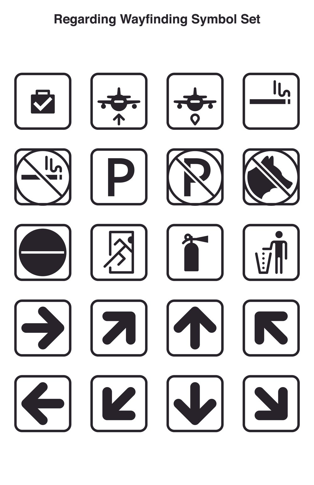 Symbol set poster three: baggage, arrivals, parking, no smoking, fire extinguisher and arrows