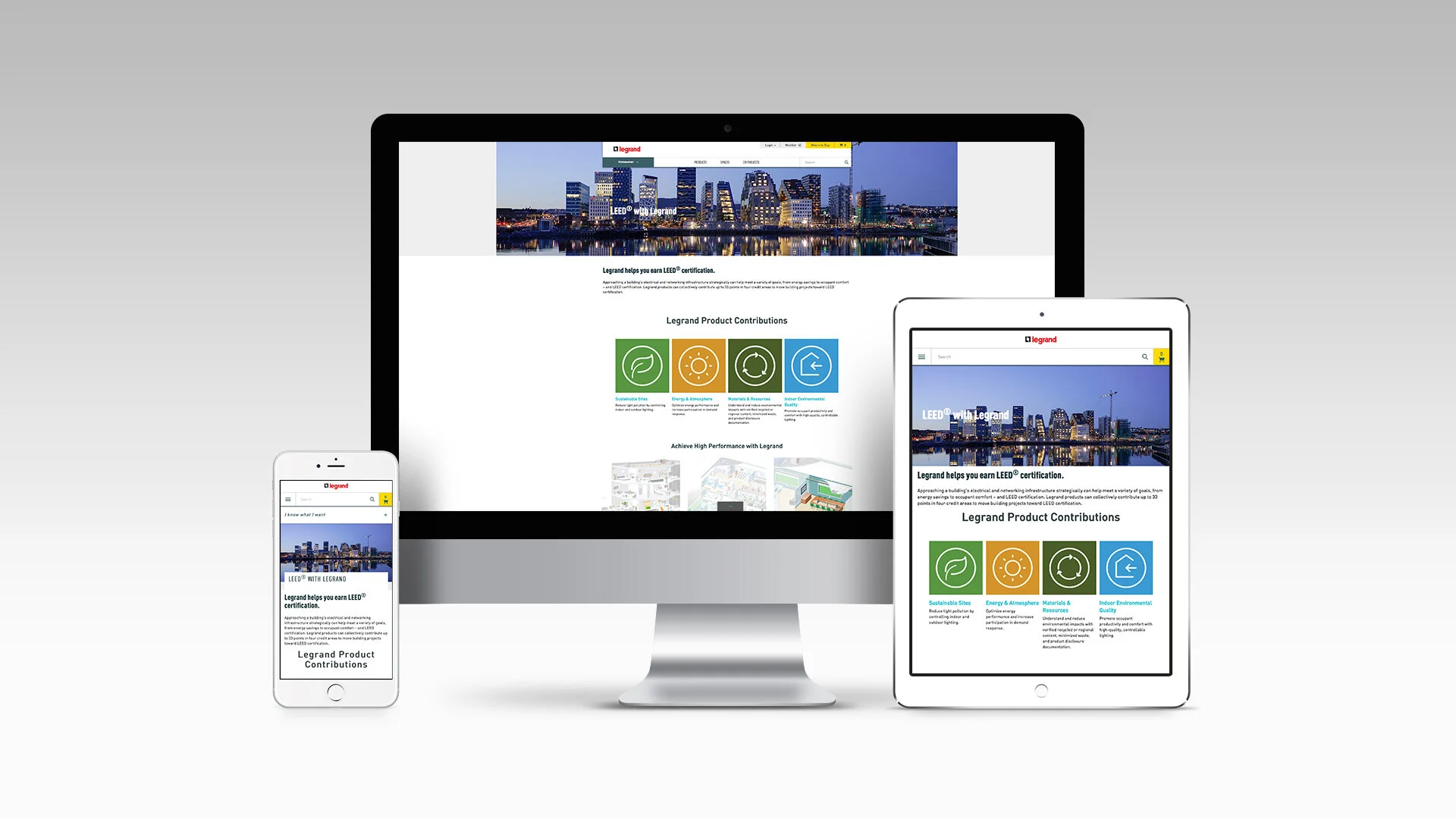 LEED with Legrand site shown on a desktop, tablet and phone