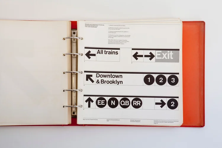 Manual page with sign layouts combining arrows, route bullets and station names