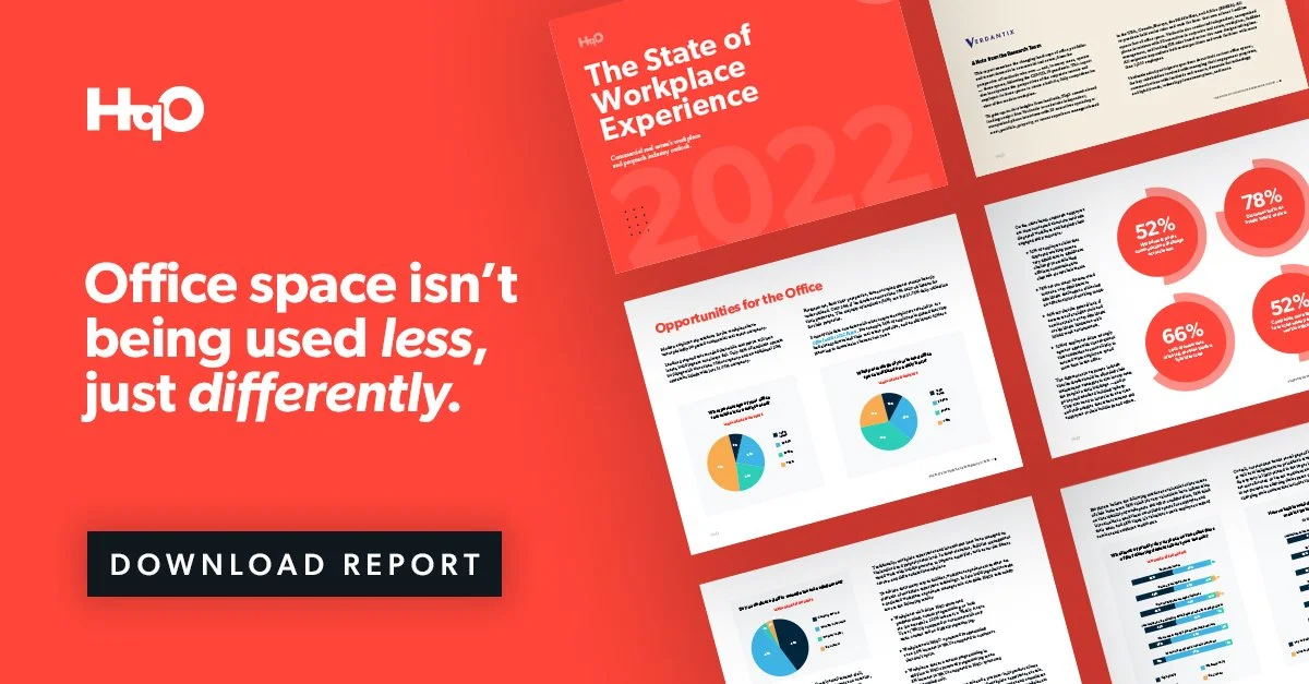 A promotional graphic for a report titled 'The State of Workplace Experience 2022' by HqO, featuring the headline 'Office space isn’t being used less, just differently,' with a black button labeled 'Download Report' and a background showing pages of the report with charts and data.
