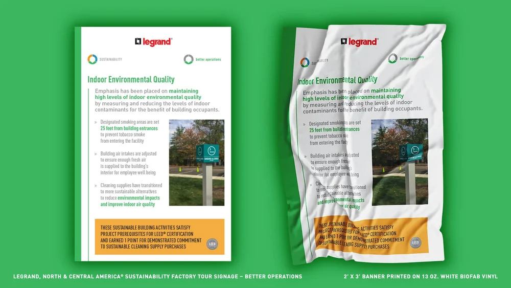 Legrand sustainability signage explaining indoor environmental quality