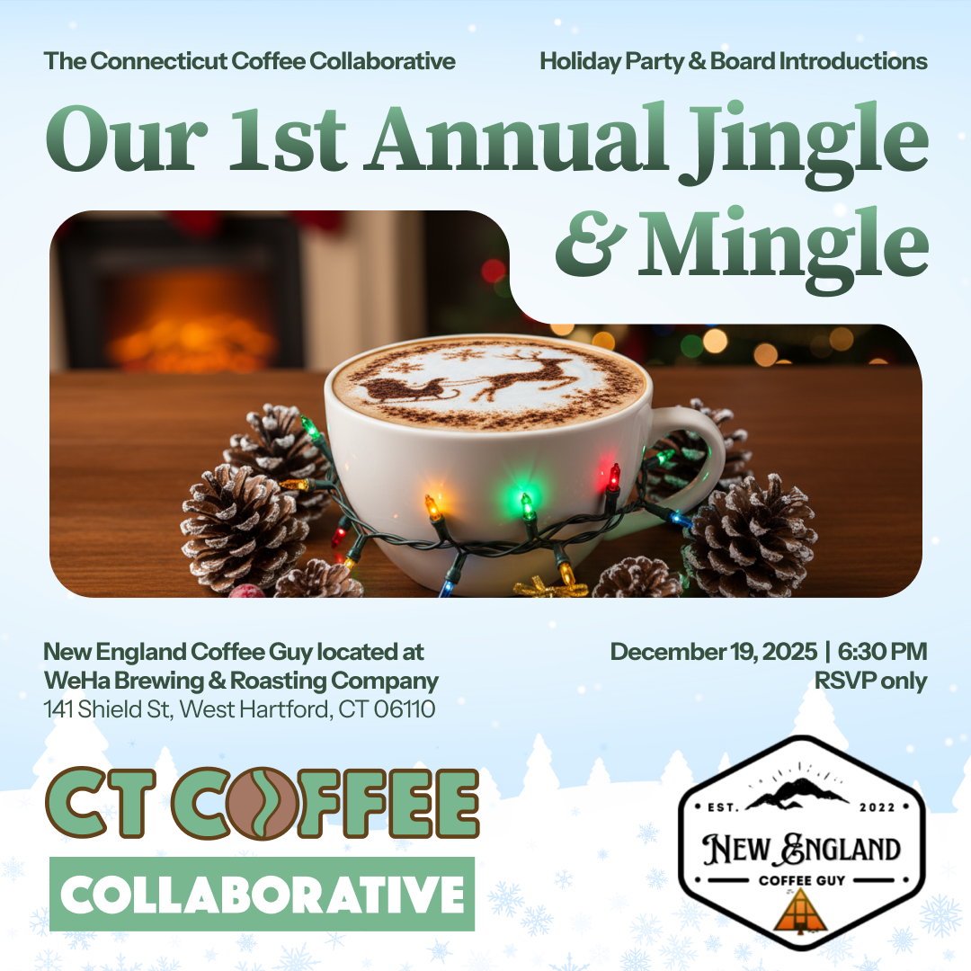 Flyer for the Connecticut Coffee Collaborative's first annual Jingle & Mingle holiday party
