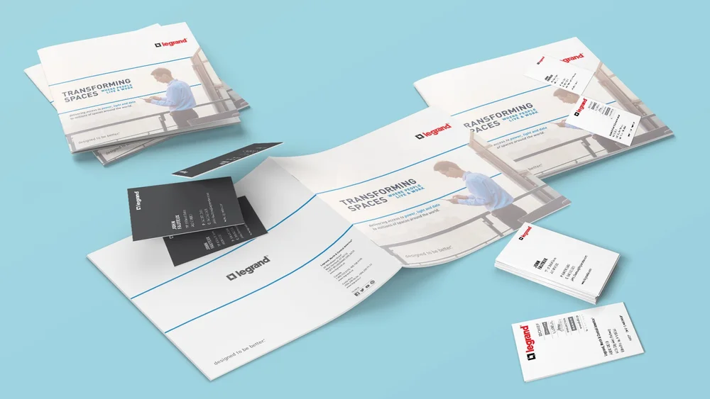 Legrand 2018 Transforming Spaces corporate brochure and business cards