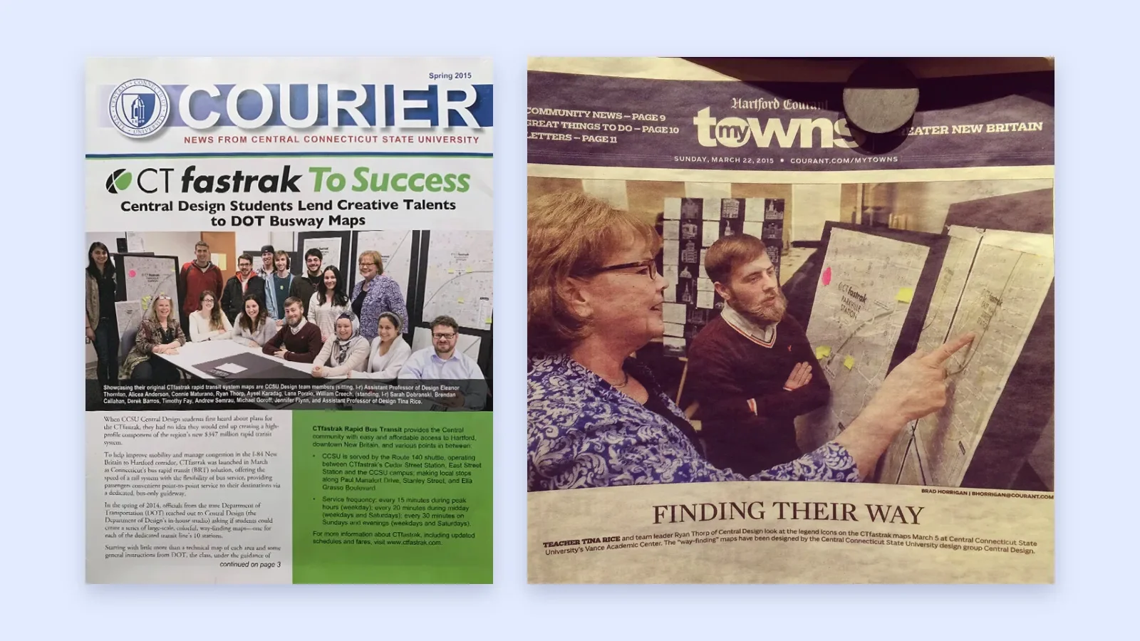 CCSU Courier spring 2015 cover story on the CTfastrak maps beside the Hartford Courant myTowns front page showing Ryan Thorp and Professor Tina Rice reviewing a map