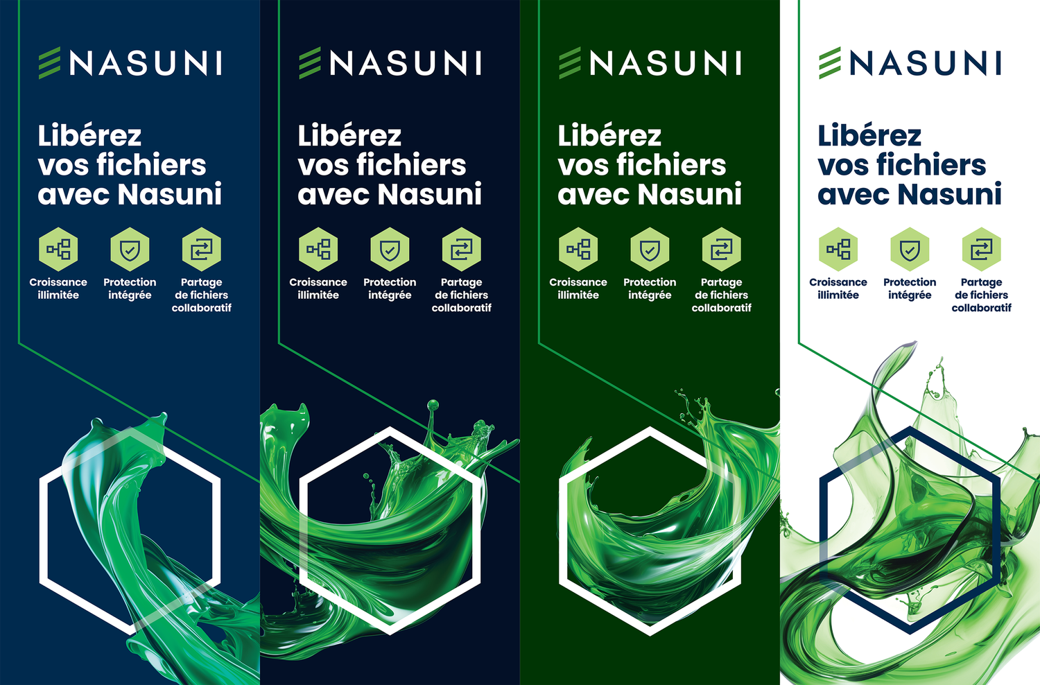 French-language Nasuni pull-up banners side by side