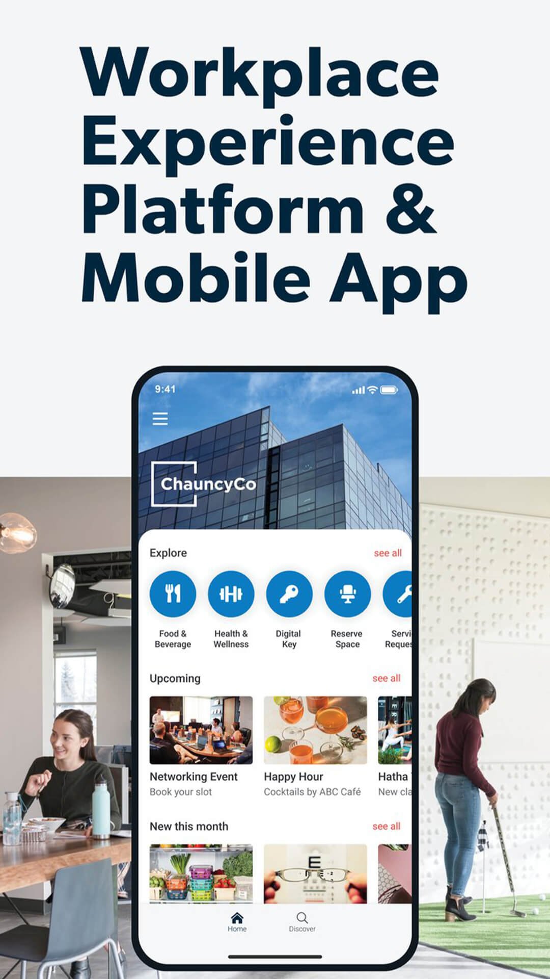 A mobile app interface for workplace experience and booking services, displayed on a smartphone screen in an office setting, with people engaging in various activities around.