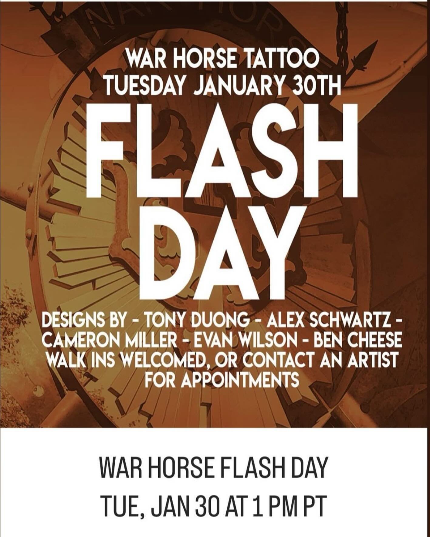 War Horse Tattoo will be kicking off 2024 with a Flash Day on January 30th! We&rsquo;ll have a bunch of new designs available at a one-day price. $50 off large designs, $20 off small designs.
Tattoos are first-come-first-served starting at 1pm until 