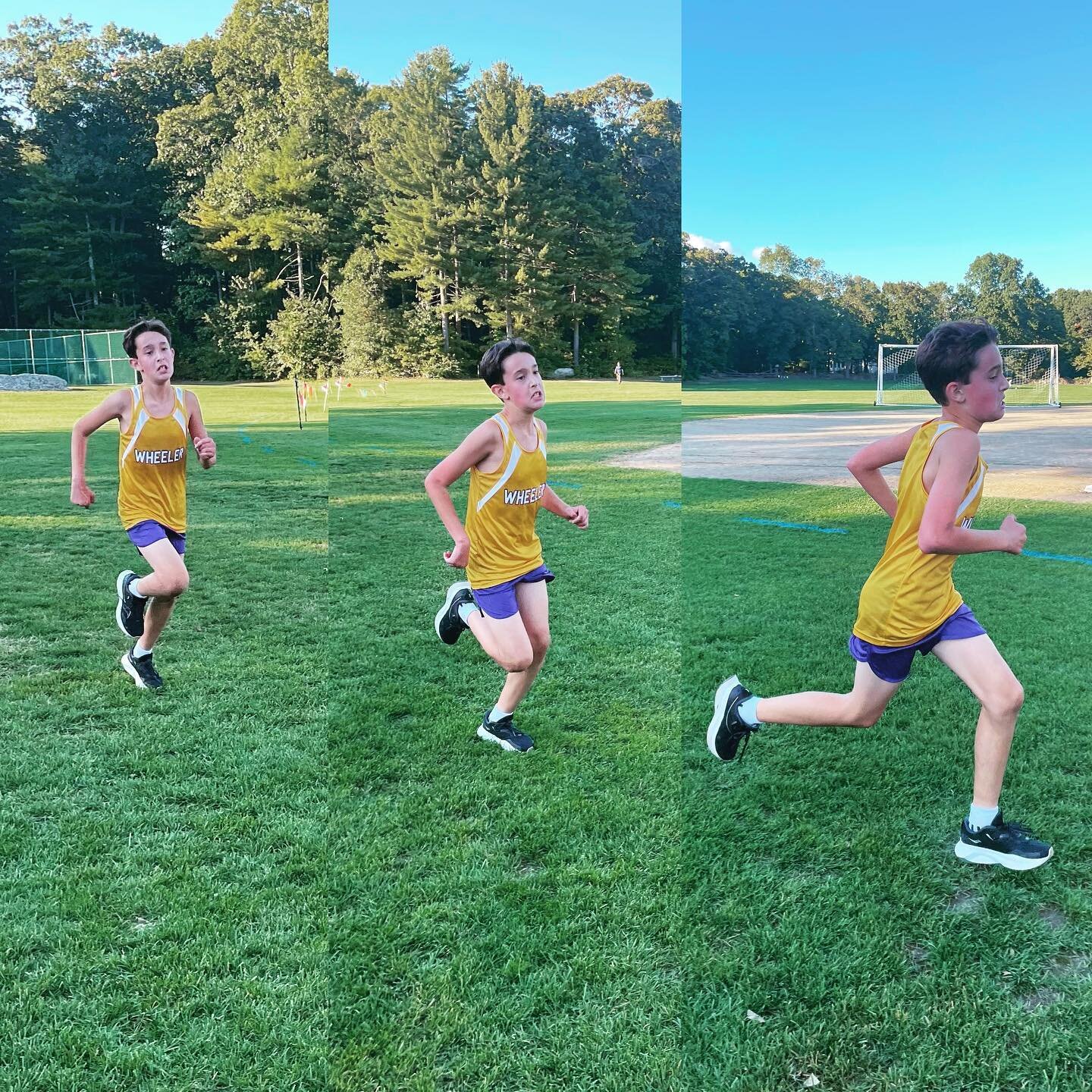 Strong finish today! Proud of this boy for working hard. 💜💛#xcountry #wheelerwarriors