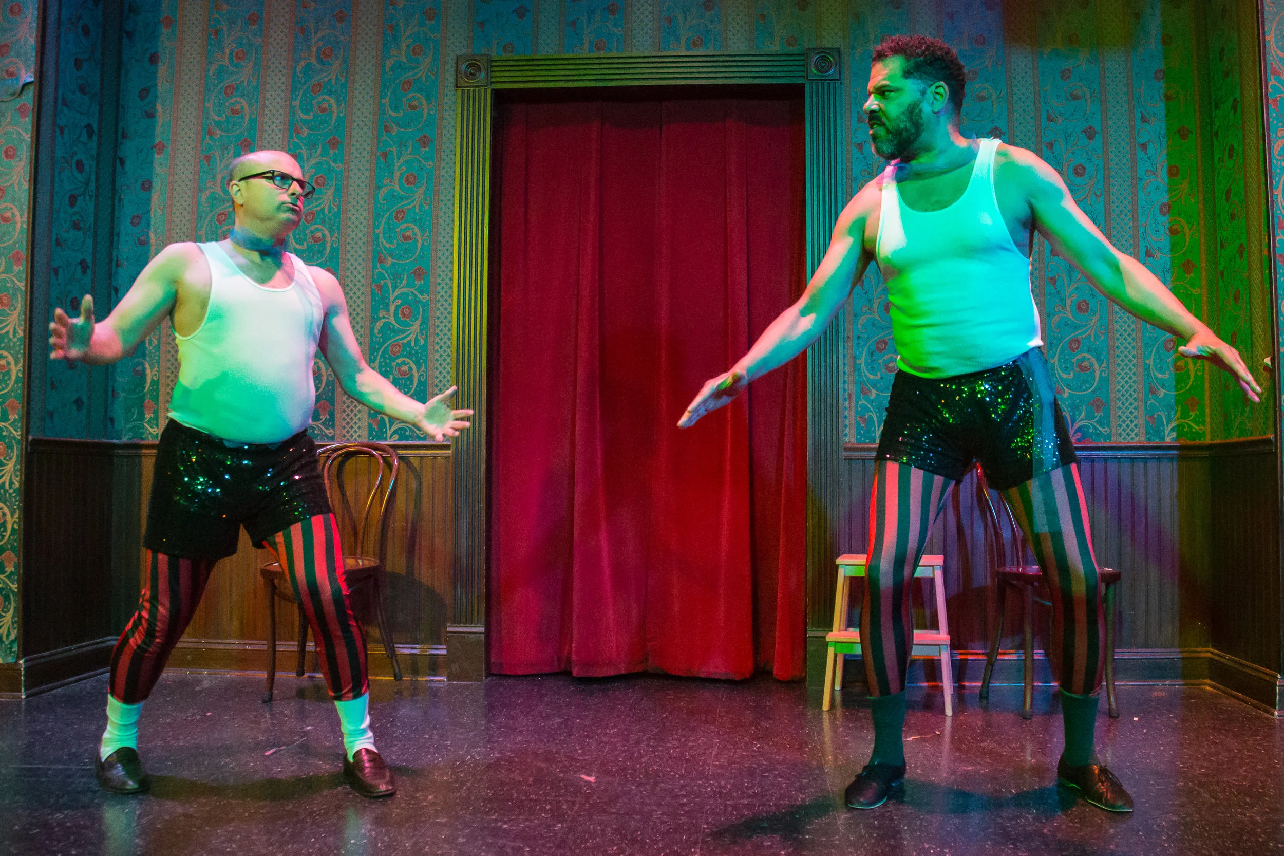 The Amazing Albeit Mediocre Craig (Joe Janes) and The Amazing Maxwell (Ric Walker) face off on the high wire. Photo by Jerry Schulman.