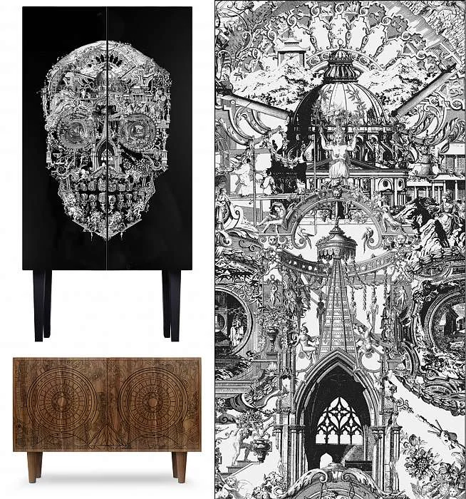 Clockwise: Skull Cabinet, Sanctuary Skull Rug & Gambling Skull Sideboard