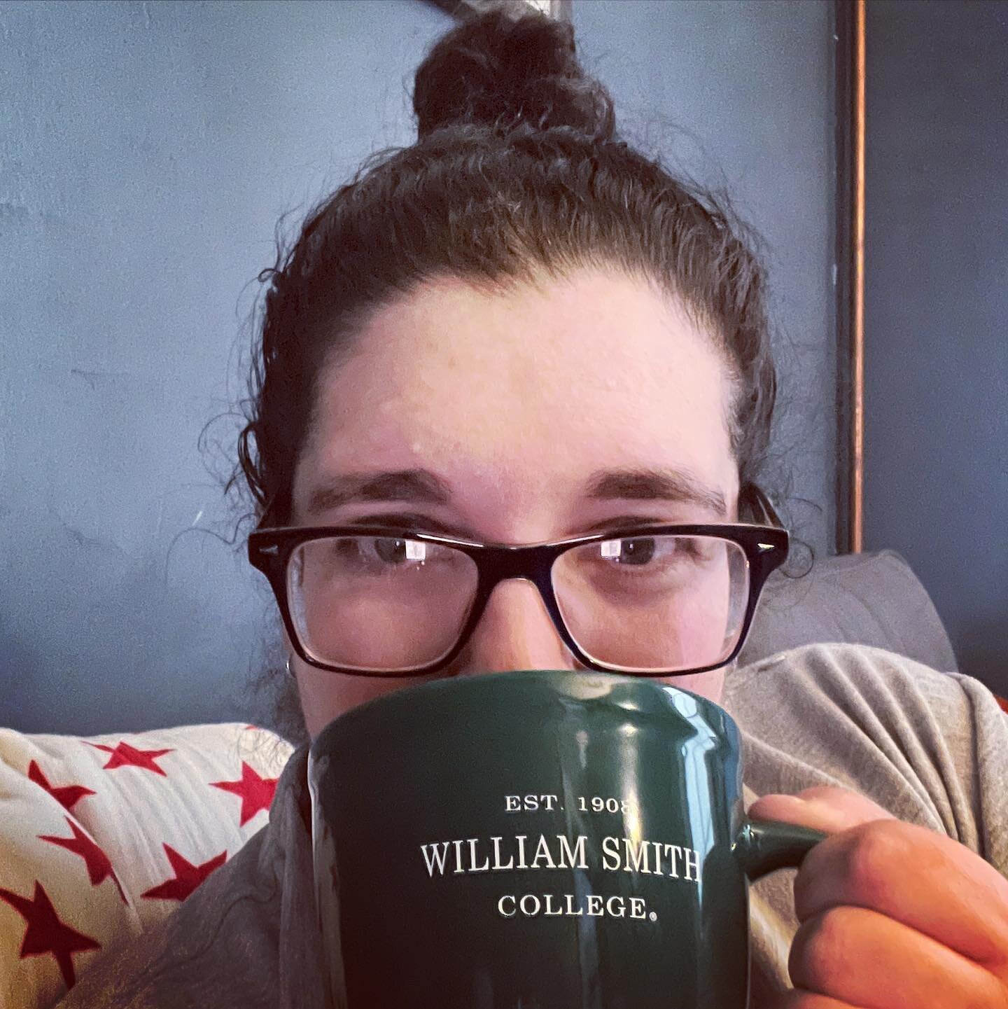 Sometimes being a business owner means working from your couch in your PJs, with no contacts and your hair a mess. At least there&rsquo;s wine in that mug!