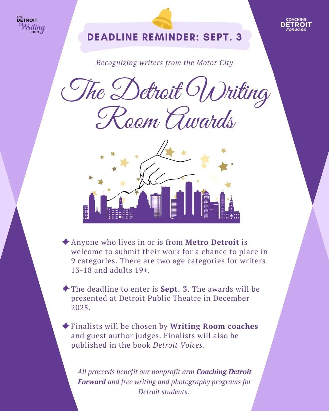 📣 Deadline Reminder: 2025 Detroit Writing Room Awards! 📣

Detroit storytellers, Sept. 3 is the final day to submit your work for our annual awards. Writers and photographers from across Metro Detroit are invited to enter in nine creative categories