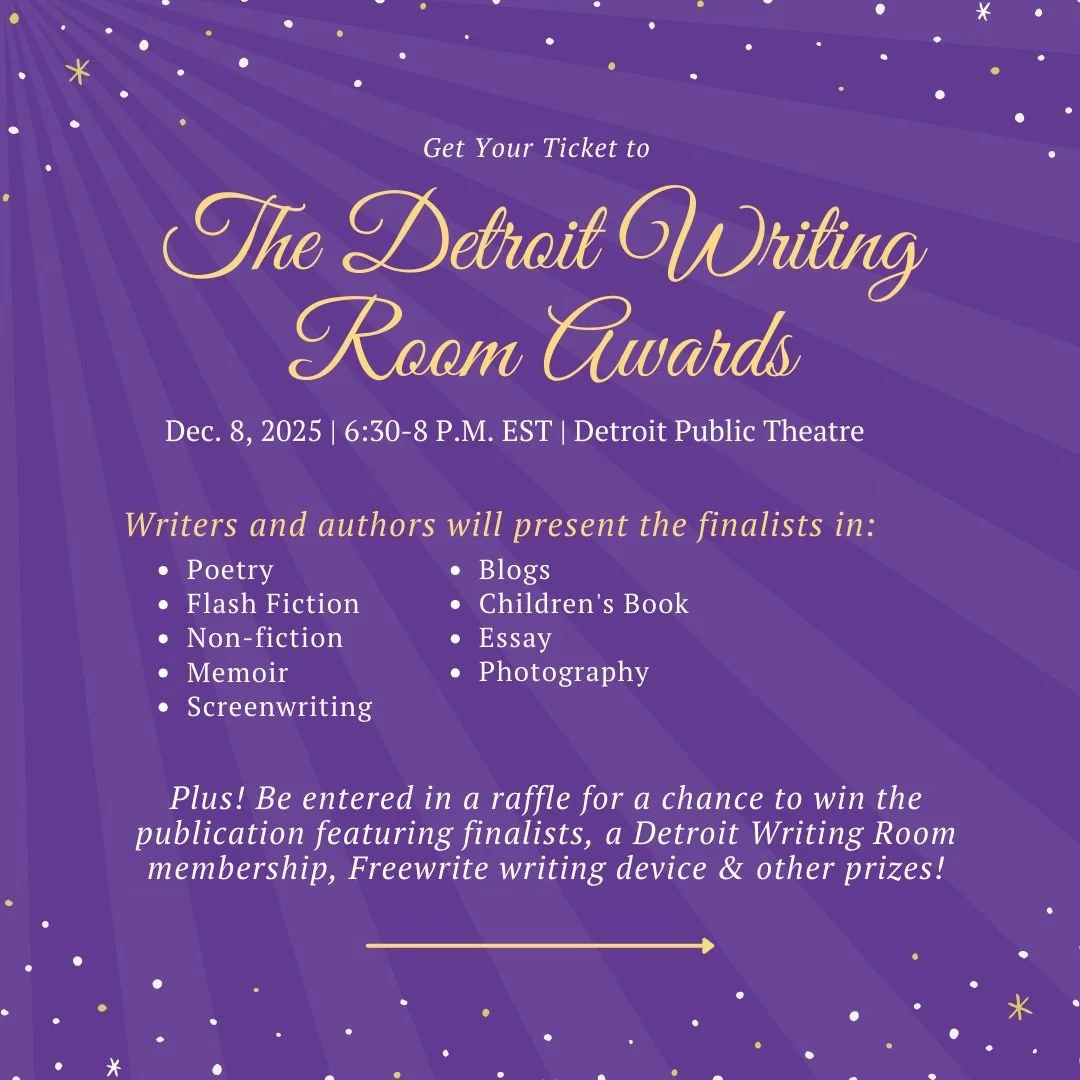 Tickets are now available! Join us for the 2025 Detroit Writing Room Awards at @detpubtheatre on Dec. 8, 2025! 🏆

Enjoy a happy hour with drinks and apps, and mingle with fellow writers and DWR Award judges who are award-winning authors, journalists
