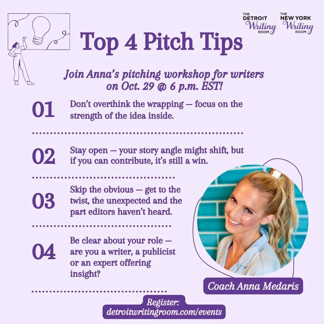 Check out these pitching tips from @newyorkwritingroom coach @annamedaris! Her virtual workshop, &ldquo;Pitch Perfect for Writers: How to Sell Your Story to National Media&rdquo; is coming up in just two days! Join us on Wednesday for more tips like 