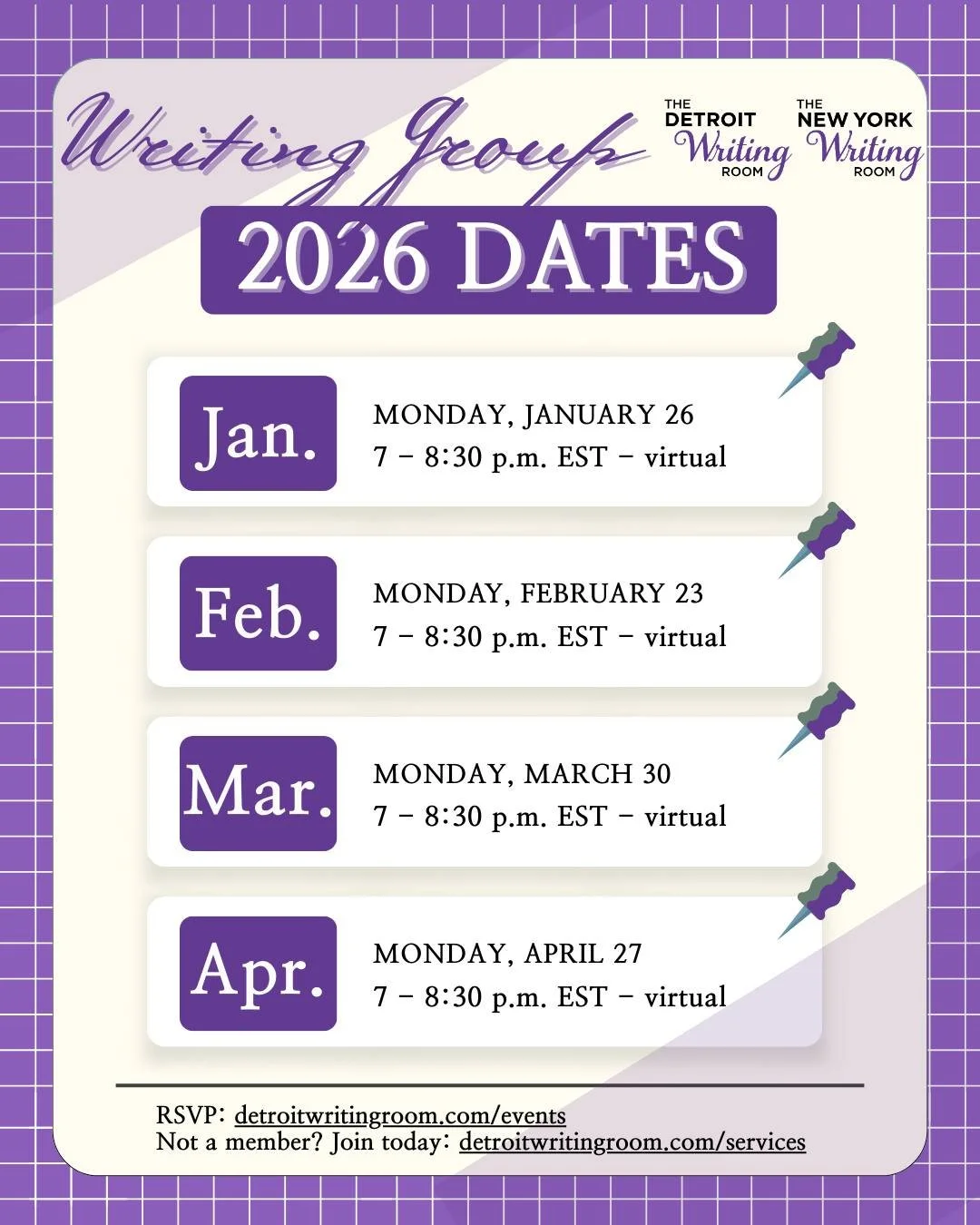 Here are the upcoming Writing Group dates for 2026! 💜📣

All Writing Room members are invited to join our monthly writing groups! We&rsquo;ll be taking December off for the holidays and picking back up again on Monday, Jan. 26. Our writing groups ar