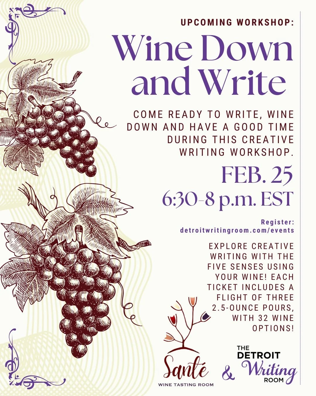 Attention all writers and wine lovers, we have a new workshop experience for you! 🍷✍️

Join us this February at @santewinetastingroom in Farmington for an interactive creative writing workshop themed all around wine!

Detroit Writing Room founder @s