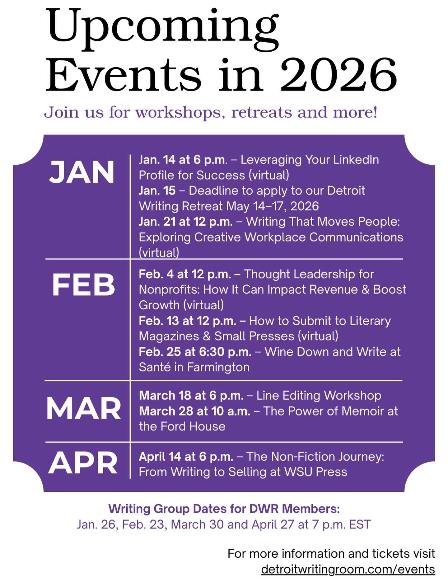Hello 2026! 🥳 We&rsquo;re excited to kick off the first part of the year with writing workshops for both business professionals and creative writers of all genres! 

Check out our events calendar 🗓️ and snag early bird discounts now for workshops i