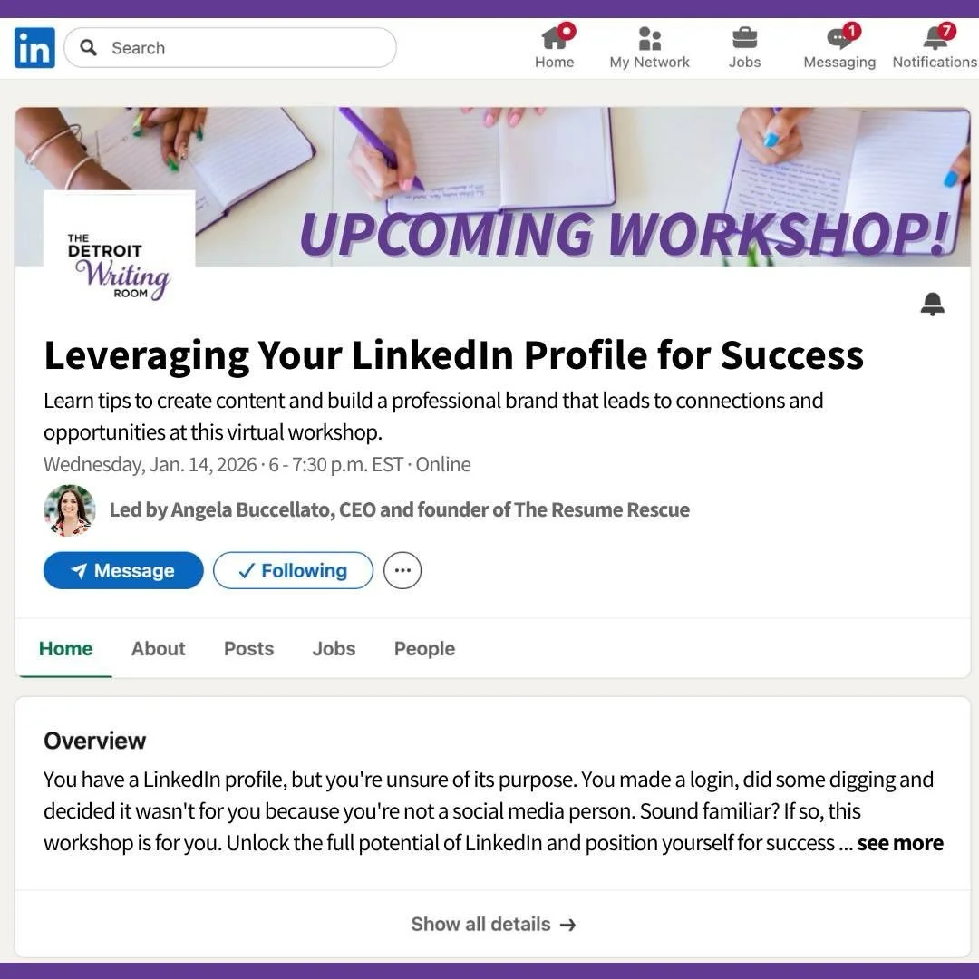 Ready to boost your LinkedIn presence this year? 👩&zwj;💻

Join @angela_buccellato, CEO and founder of @theresumerescue, for an engaging workshop on Jan. 14 at 6 p.m. EST. 

You&rsquo;ll learn how to enhance your LinkedIn profile, build meaningful c