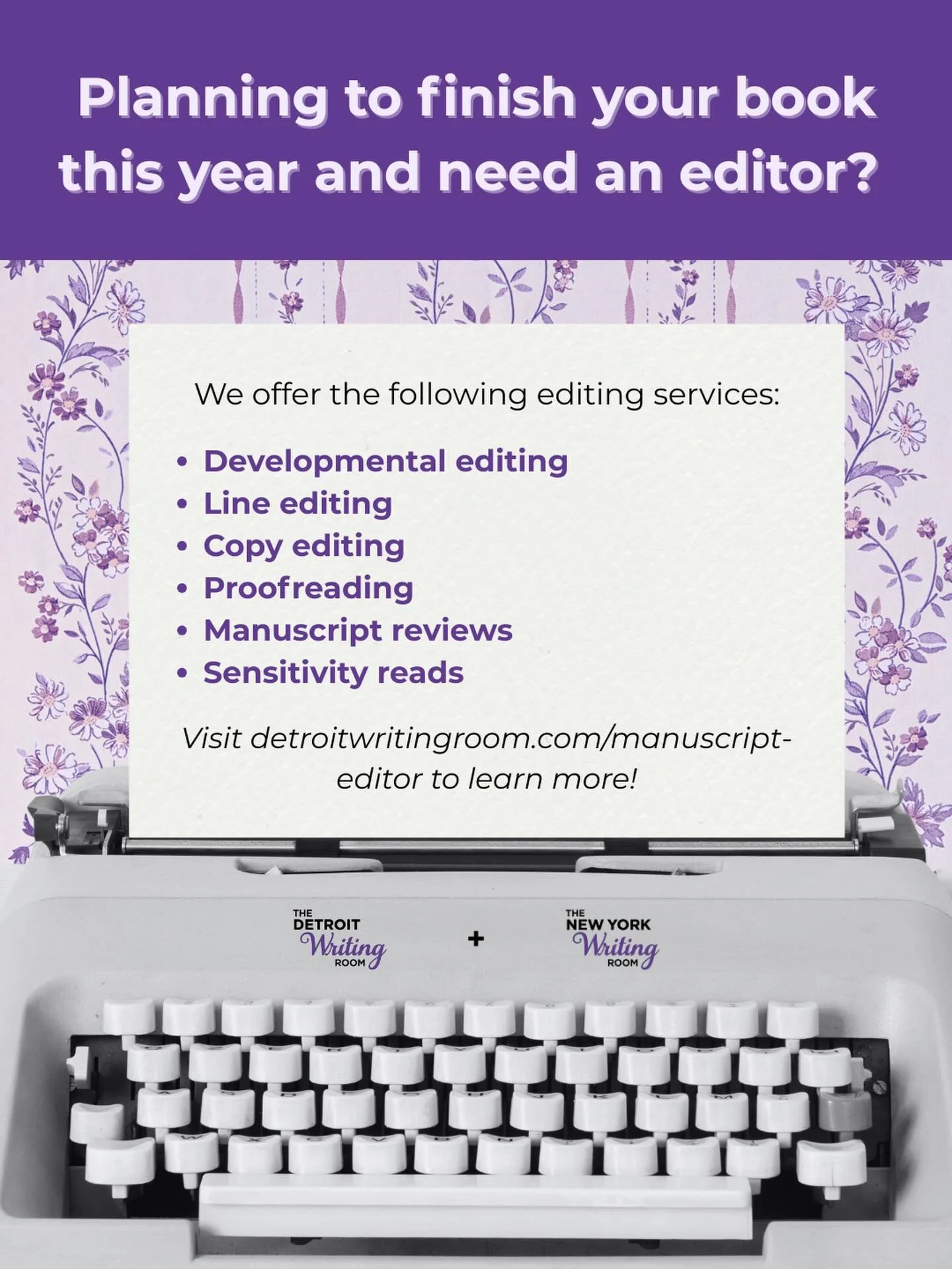 Need a manuscript editor this year? 📝

We can help! The Writing Room has a team of skilled editors who edit all genres, including fiction, non-fiction, poetry and more!

If you&rsquo;re wrapping up your manuscript and need an editor this year, it&rs