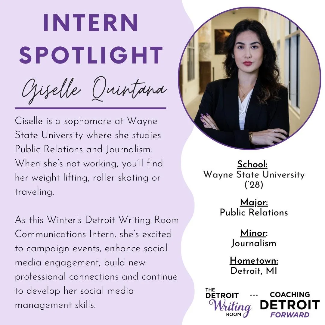✨Intern Spotlight ✨

Hi everyone, I'm Giselle, this winter's Detroit Writing Room Communications Intern! I am happy to have been brought on the team and to further develop my social media management skills! My favorite genre of books to read is liter